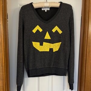 Wildfox Charcoal fuzzy Sweatshirt with Yellow Pumpkin Jack-o-lantern size small